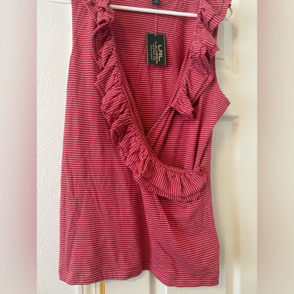 Ralph Lauren Red and White Sleeveless Wrap Blouse